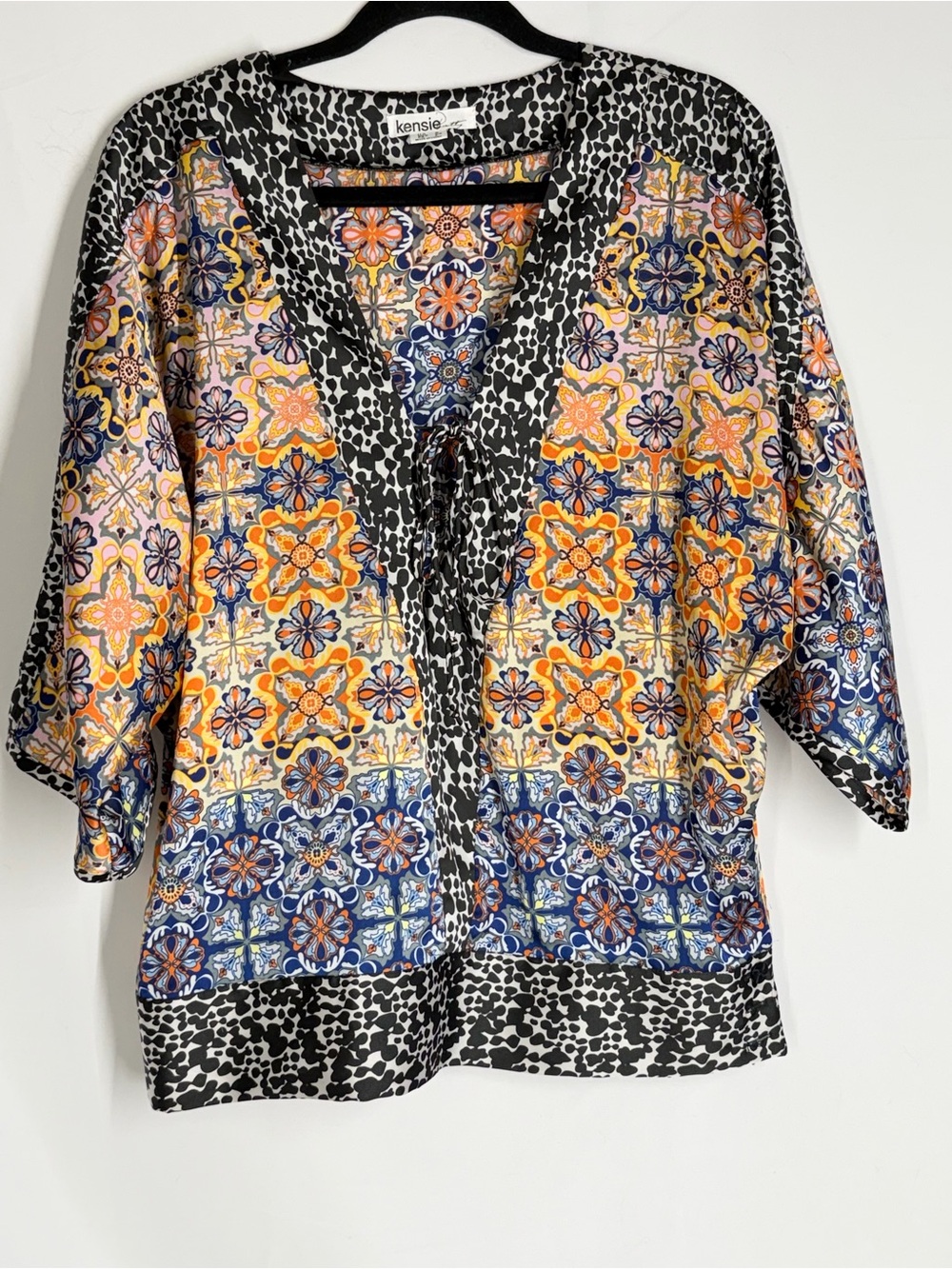 kensie Multicolor Floral Tile Tie-Front Tunic - Blue & Orange & Black